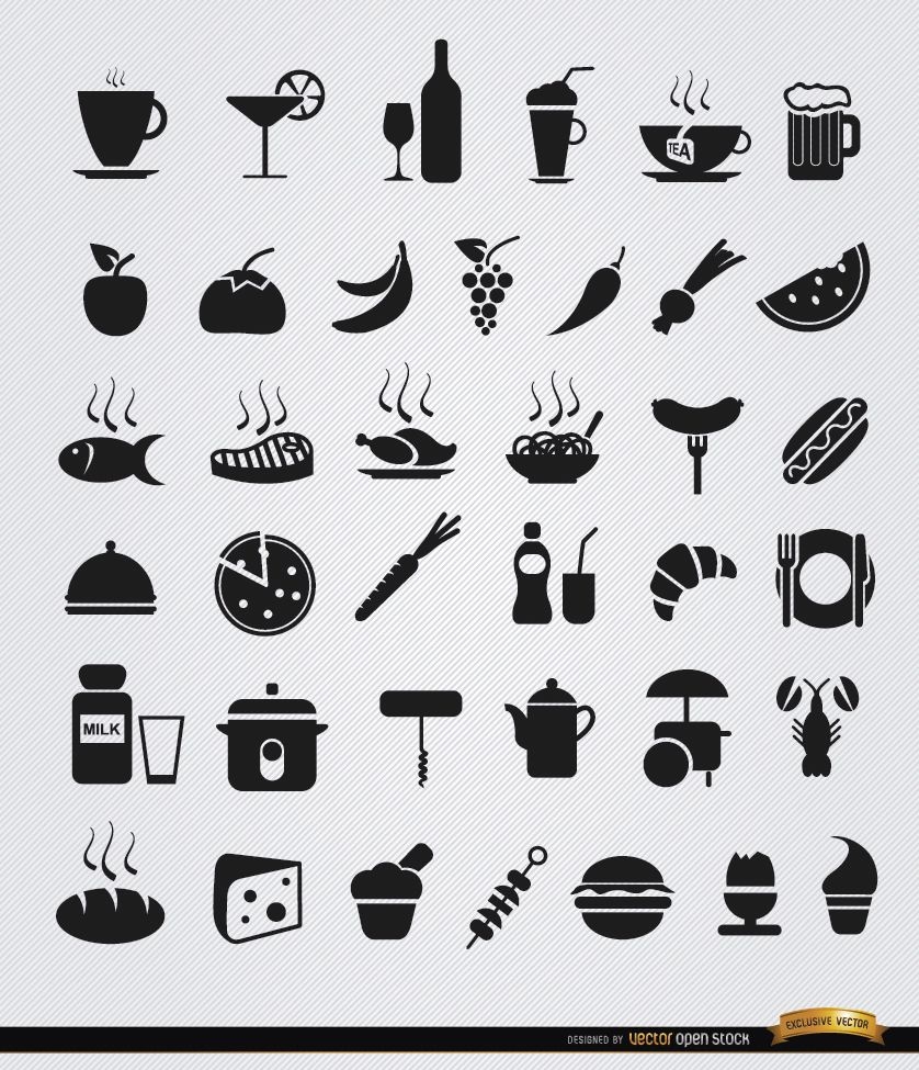 36 iconos planos de comida y bebida