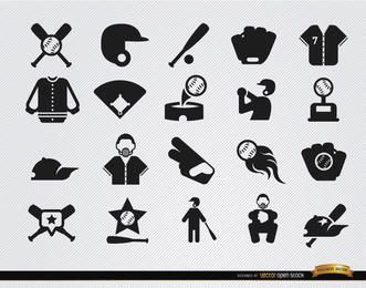 Conjunto de 20 iconos planos de béisbol