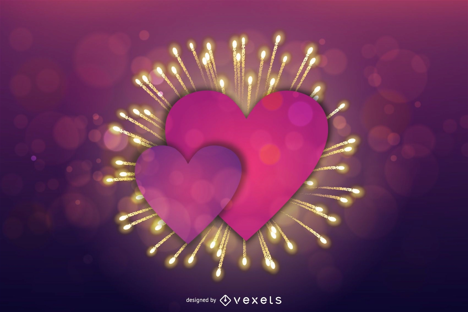 Tarjeta de fuegos artificiales de San Valentín de corazón púrpura