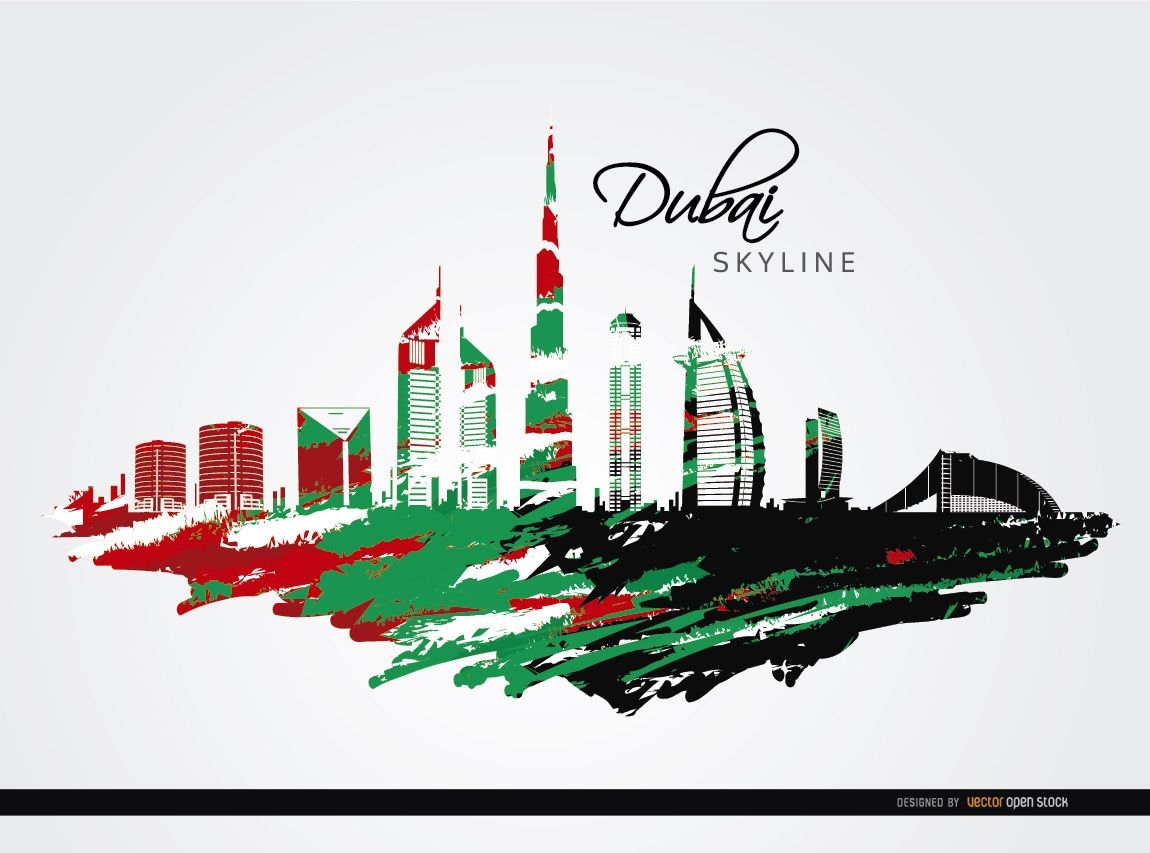 Horizonte de Dubai com as cores das bandeiras