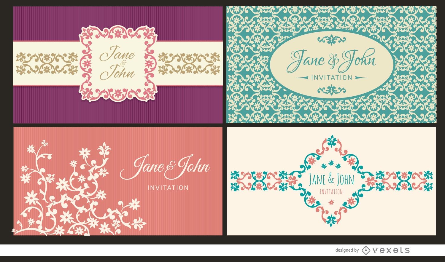 4 Floral wedding invitation cards