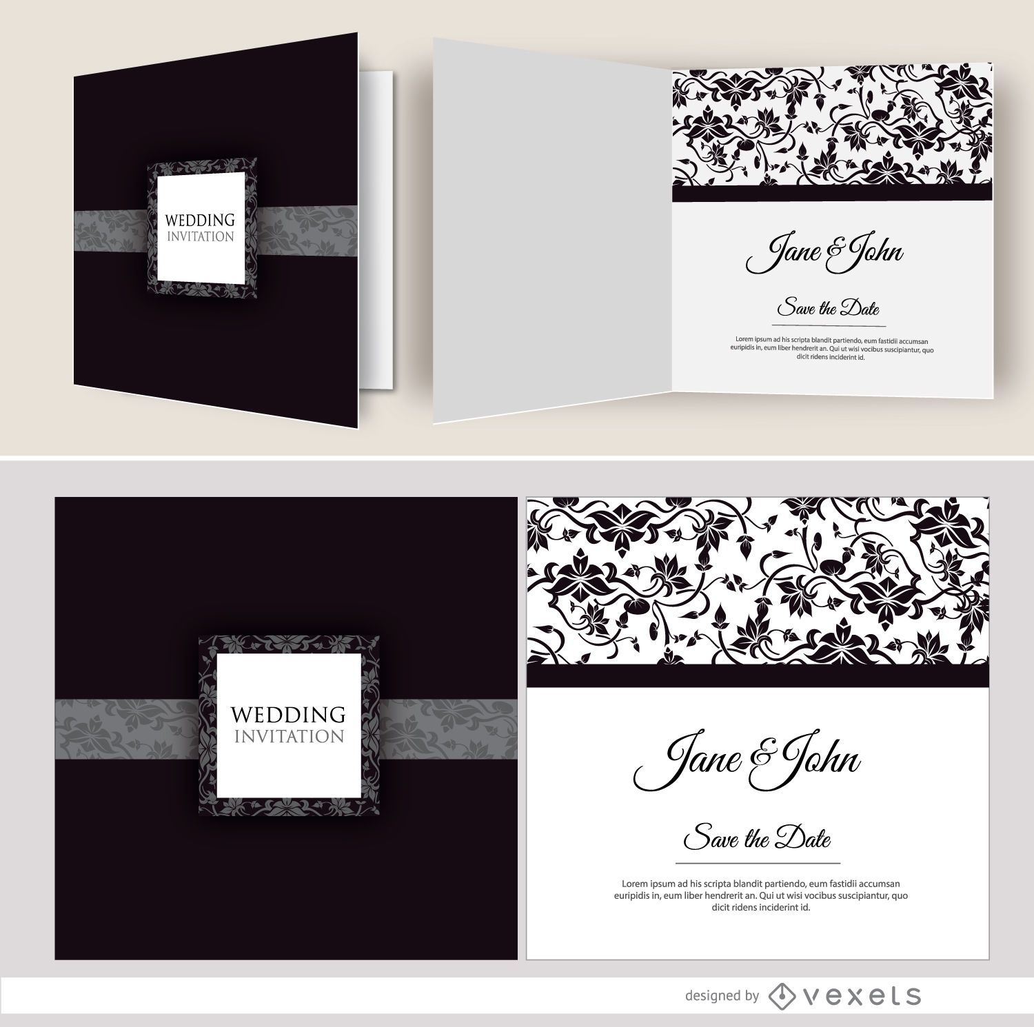 Open black floral wedding invitation