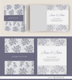 Open gray floral wedding invitation