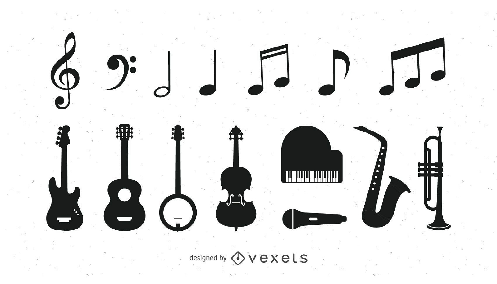 Ícones de instrumentos musicais em preto e branco