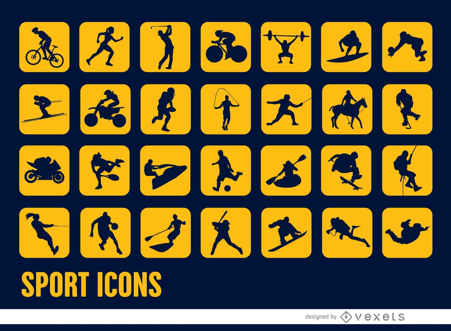 28 ícones quadrados de silhuetas de esportes