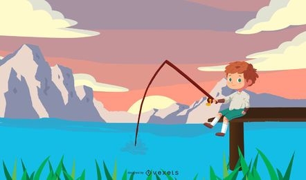 Boy Fishing on Lake Cartoon
