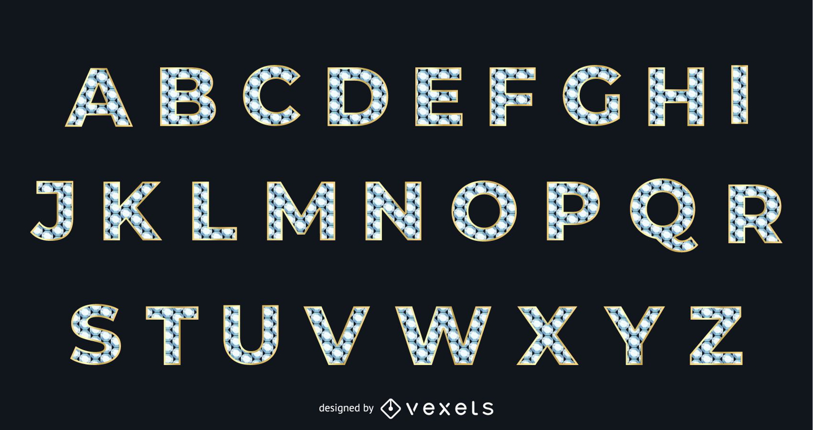 Tipo de letra alfabética dourada com textura de diamante