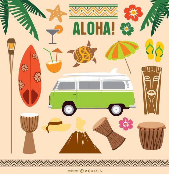 Conjunto de vectores de elementos de Hawaii Tiki Aloha Conjunto de vectores de elementos de Hawaii Tiki Aloha