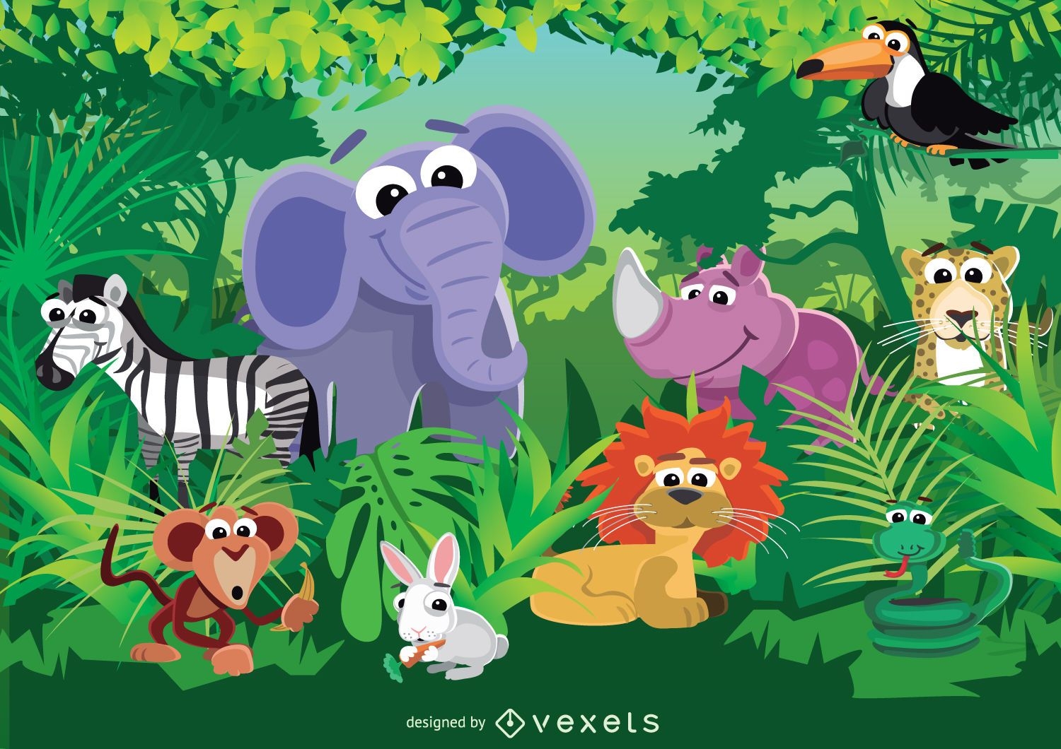 Animales de dibujos animados en la ilustración de la selva