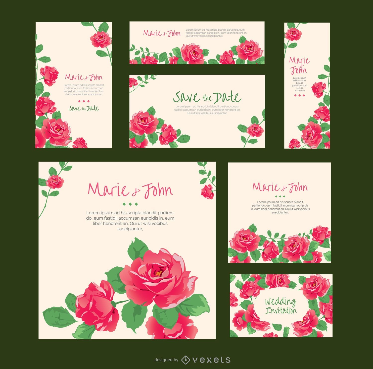 Vários formatos de convite de casamento de rosas