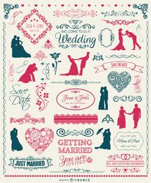 Conjunto de elementos de casamento - emblemas silhuetas emblemas e ornamentos