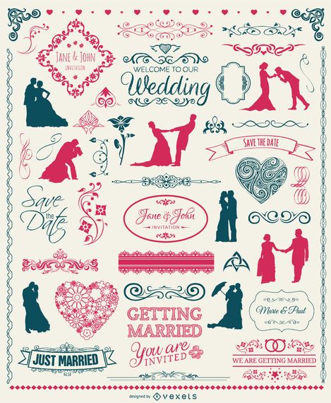 Conjunto de elementos de boda - insignias, siluetas, emblemas y adornos. Conjunto de elementos de boda - insignias, siluetas, emblemas y adornos.