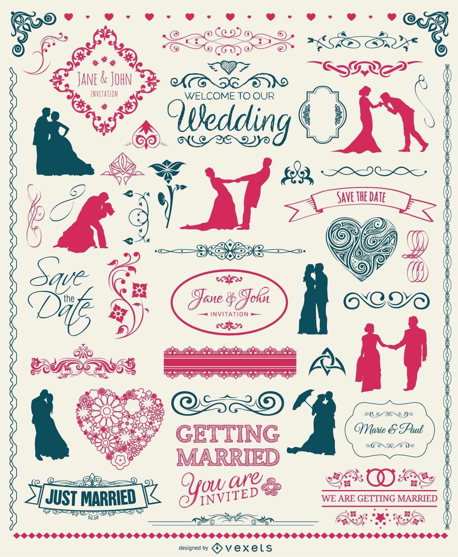 Conjunto de elementos de boda: insignias siluetas emblemas y adornos