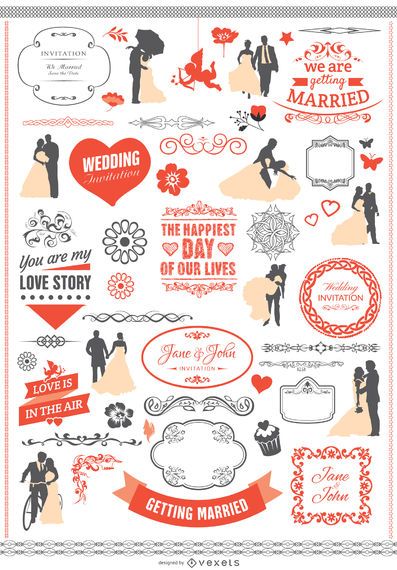 Conjunto de elementos gráficos de boda con cintas, pancartas, siluetas. Conjunto de elementos gráficos de boda con cintas, pancartas, siluetas.
