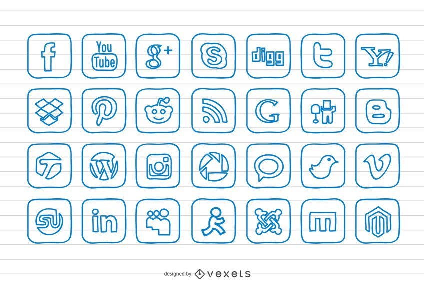 Conjunto de ícones sociais de doodle desenhado à mão Conjunto de ícones sociais de doodle desenhado à mão