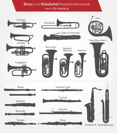 Silhuetas de instrumentos de latão e sopro Silhuetas de instrumentos de latão e sopro