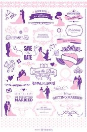 Conjunto gráfico de convite de casamento