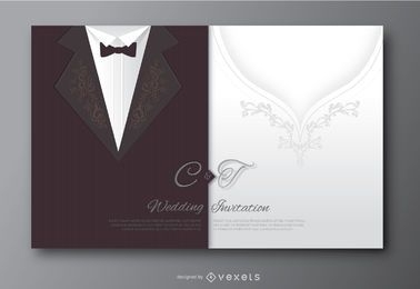 Wedding groom suit and bride's dress invitation