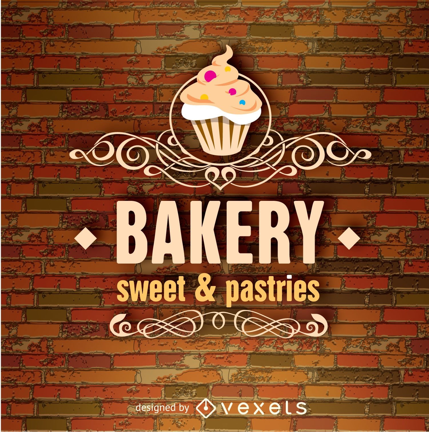 Bakery emblem over a brick wall