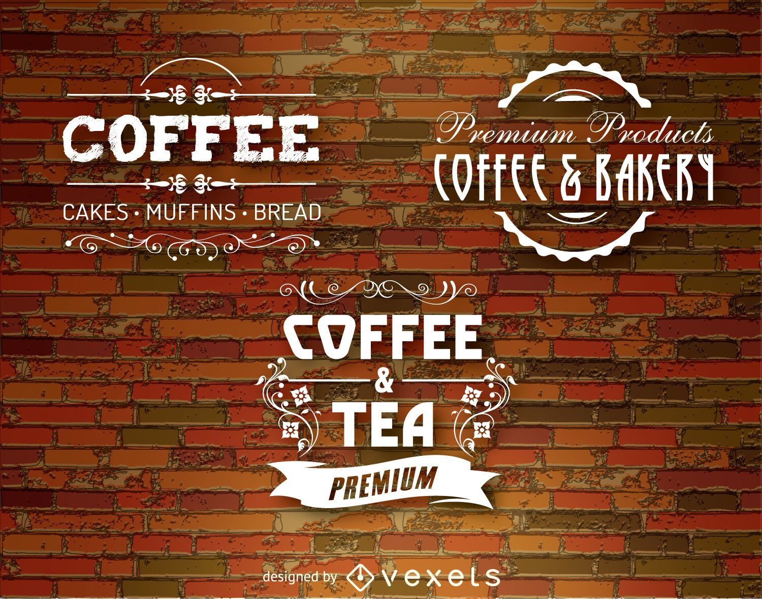 3 emblemas de café sobre uma parede de tijolos vintage