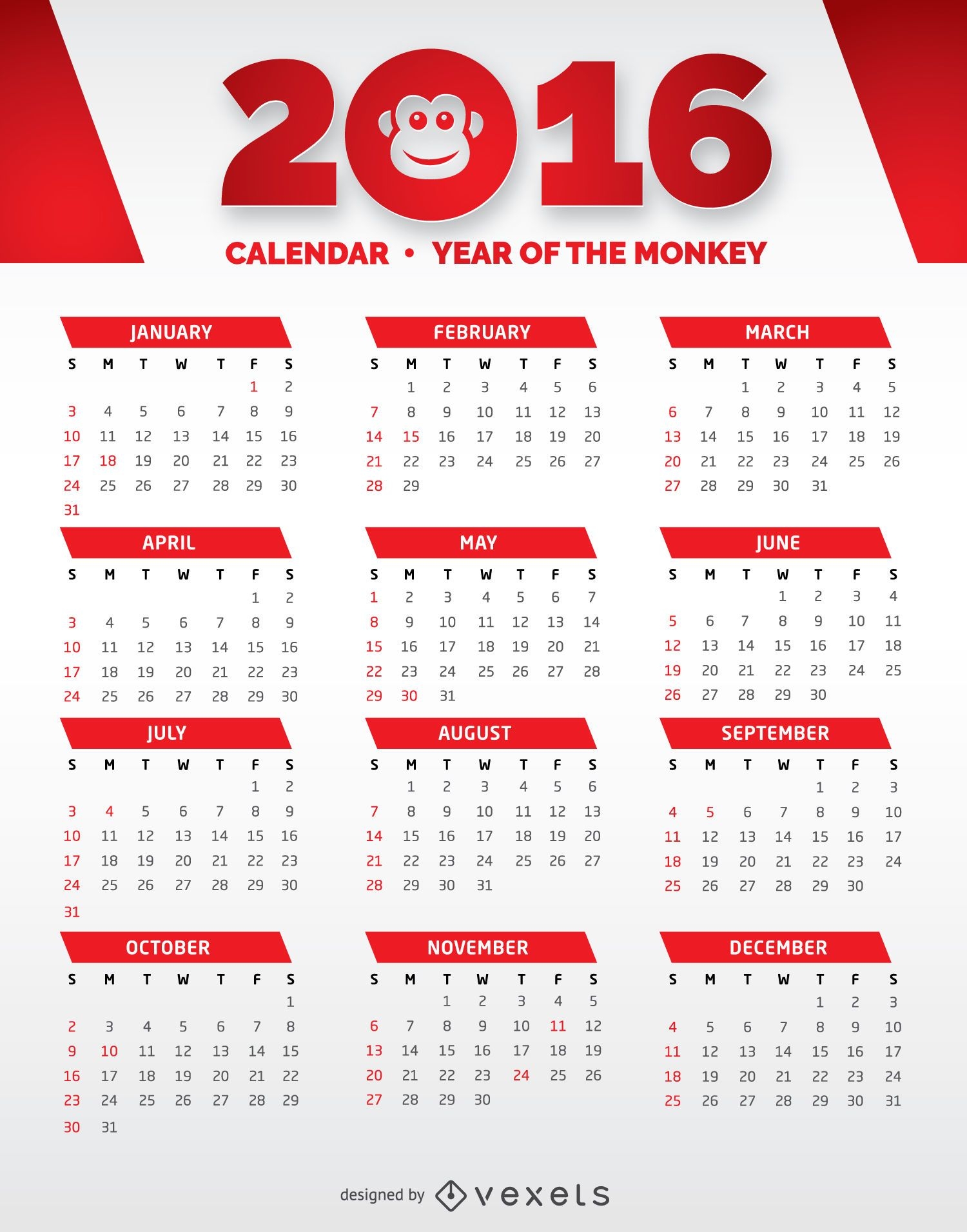Calendário Vermelho e Branco 2016