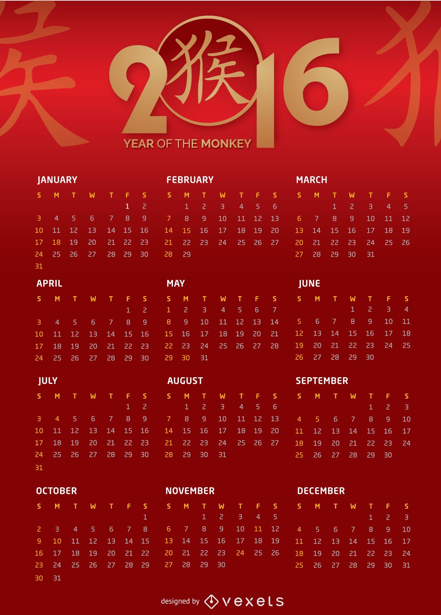 Calendario 2016 con caracteres chinos