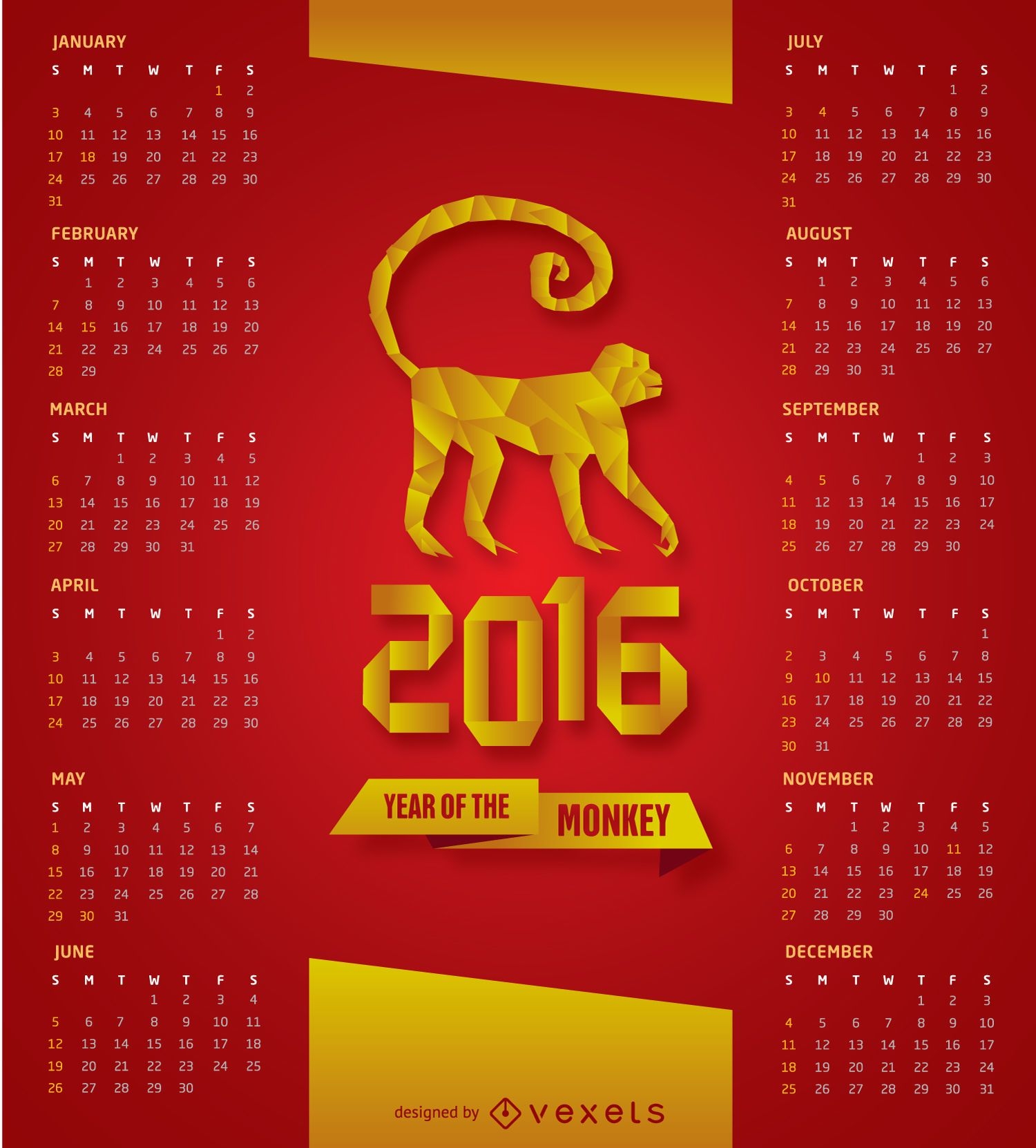 2016 calendario rojo y oro