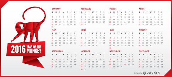Calendário horizontal 2016 com macaco