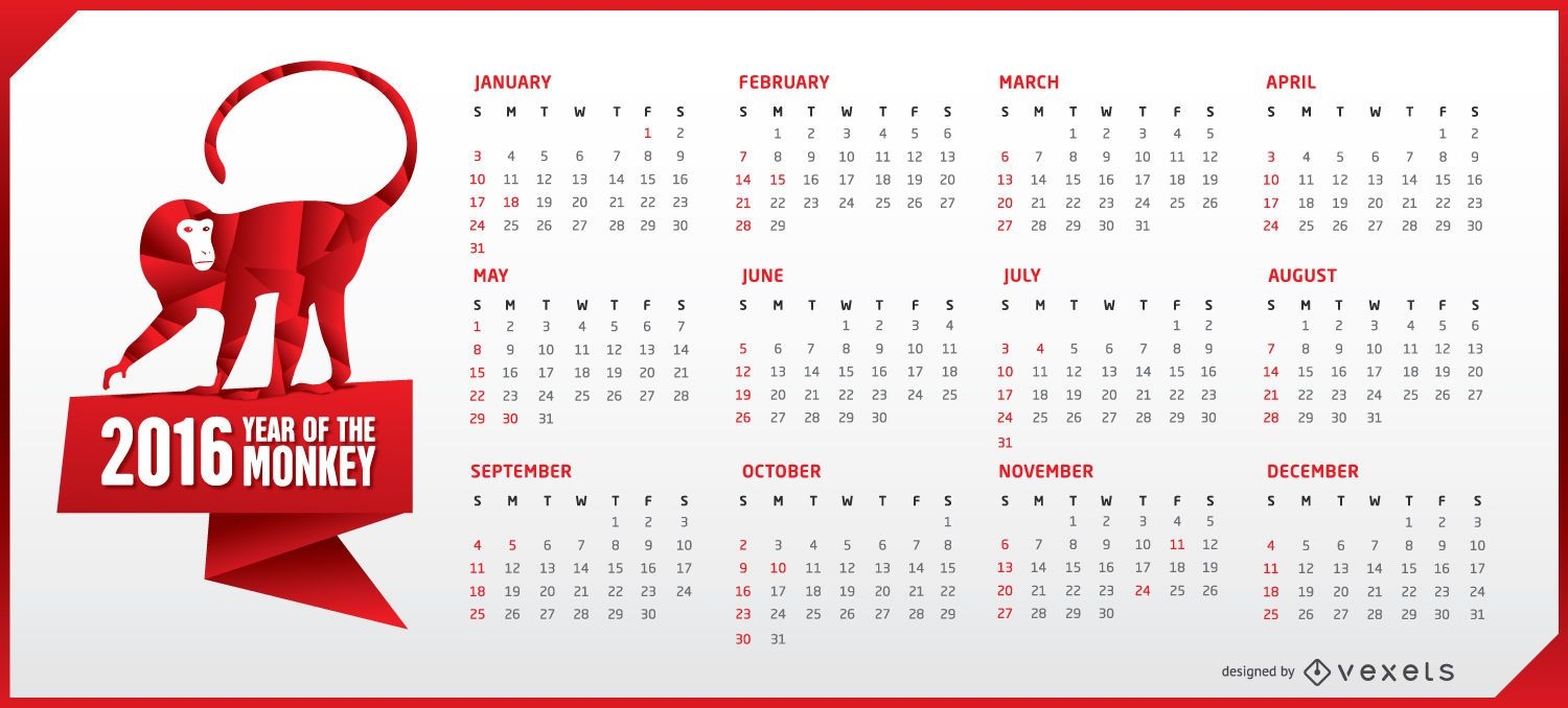 Calendário horizontal 2016 com macaco