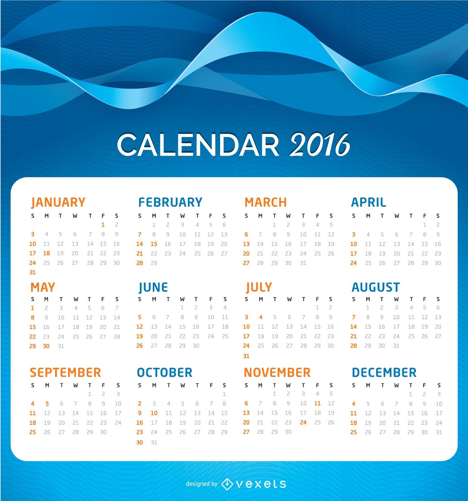 Calendario 2016 sobre un fondo ondulado
