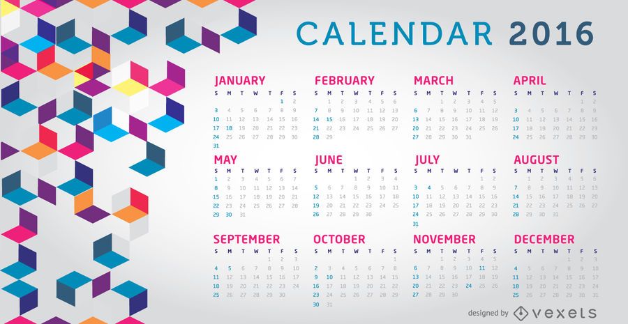 Calendário 2016 colorido Calendário 2016 colorido