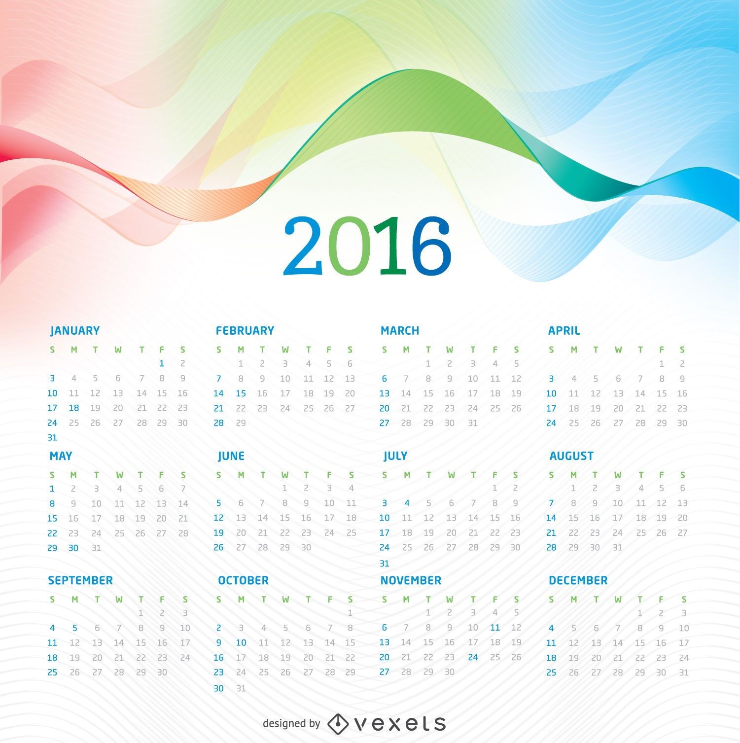 Calendário 2016 com fundo colorido