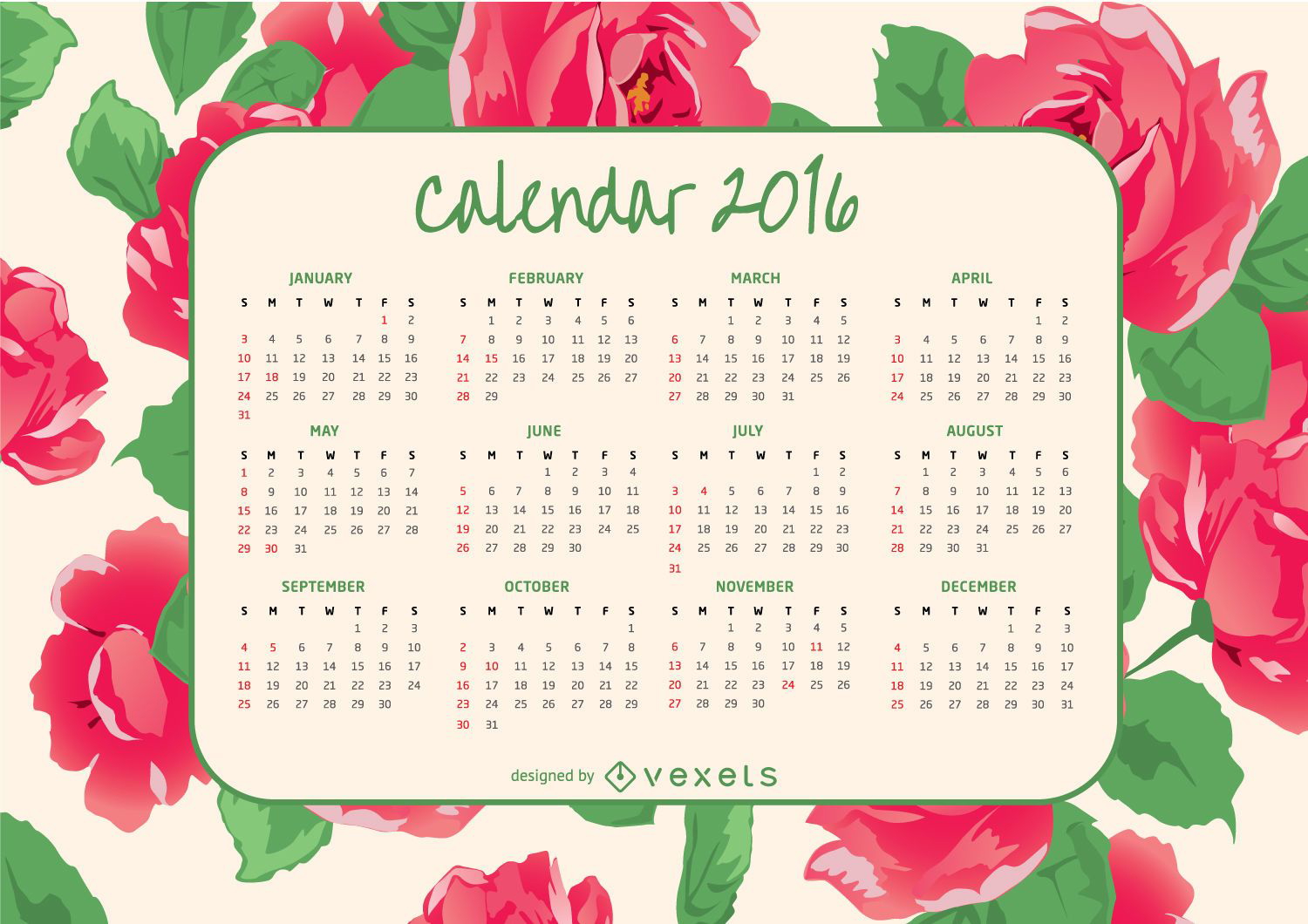 2016 calendar with roses