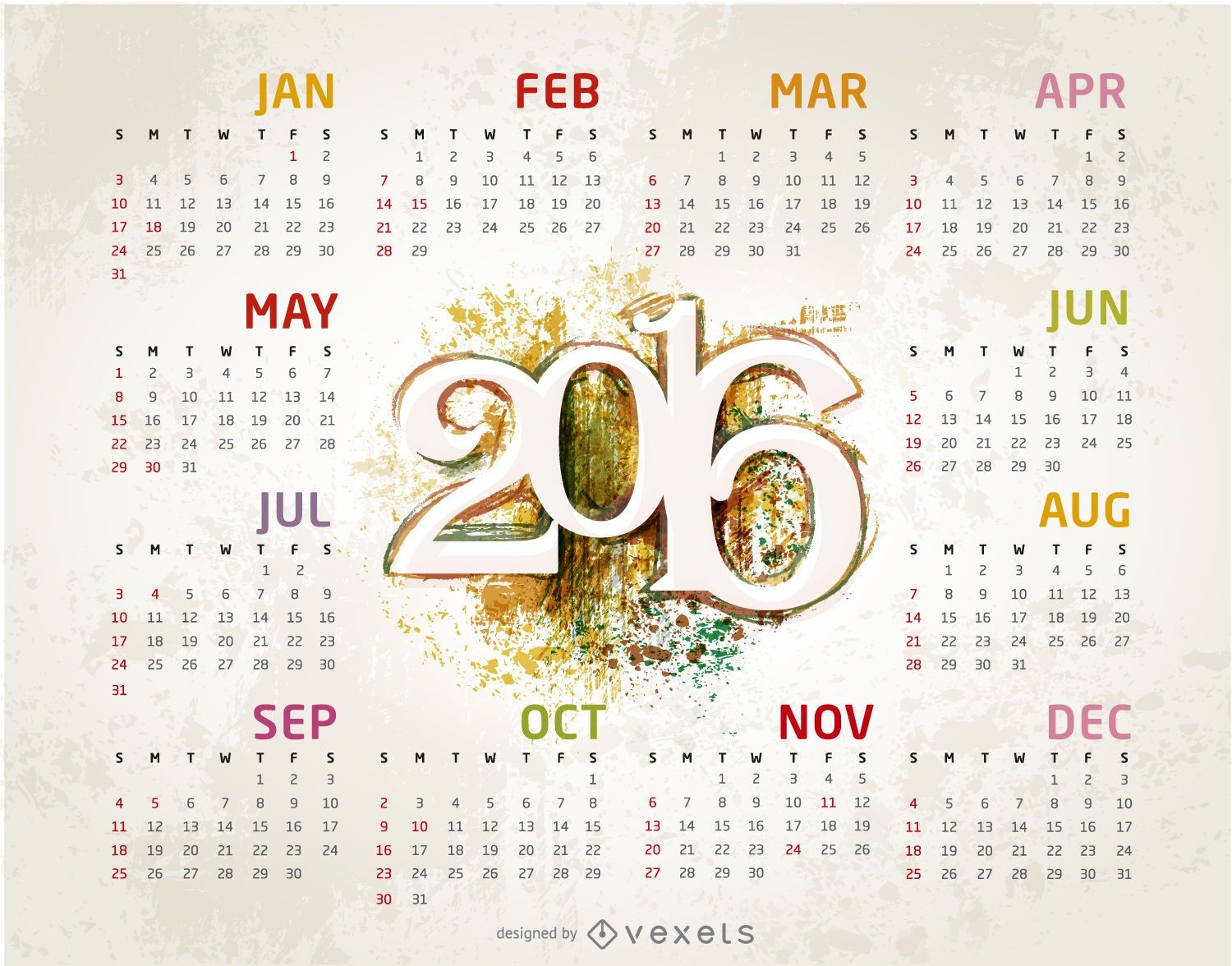 Grunge 2016 Kalendervorlage