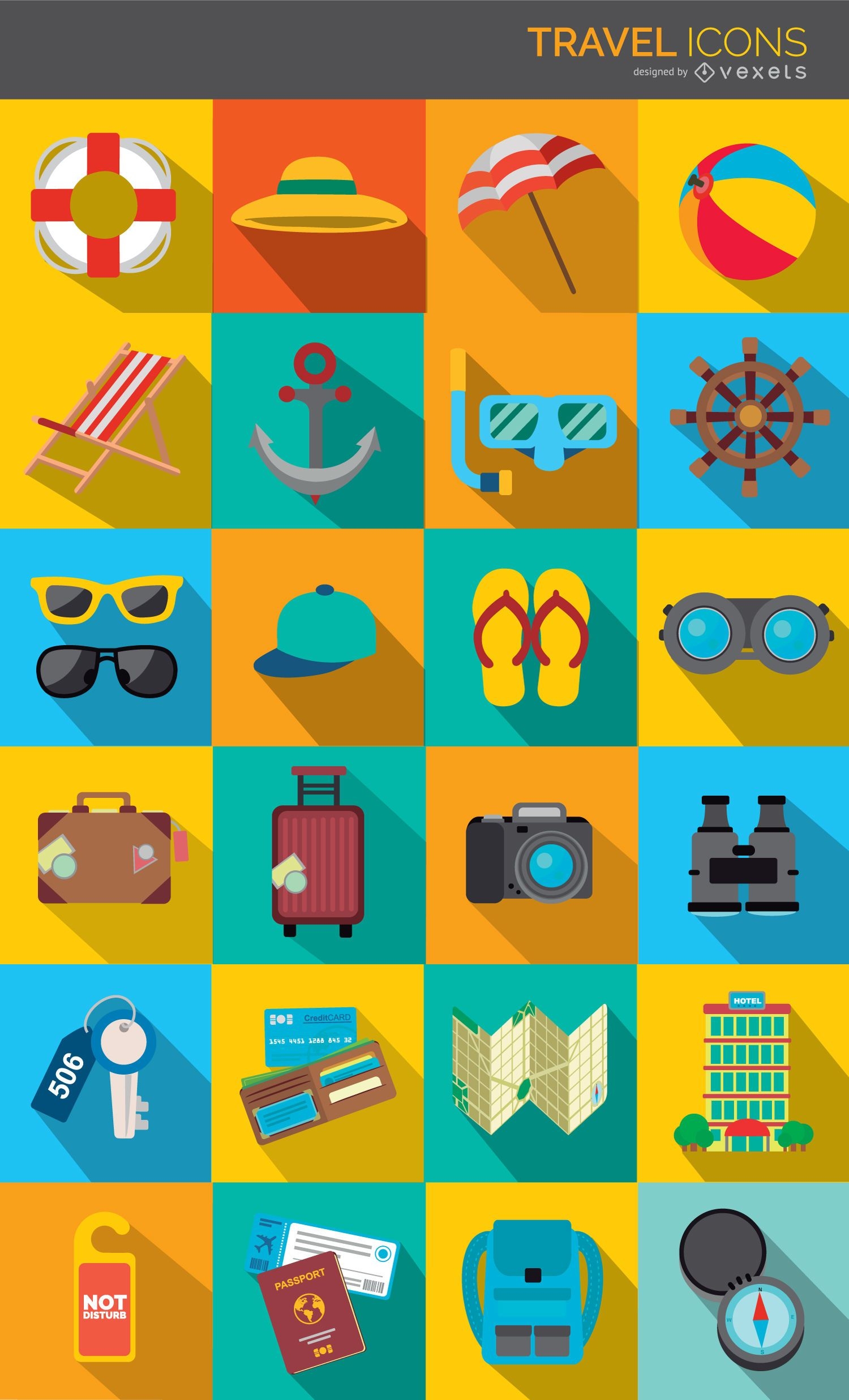 Travel Icons colorful drop shadow