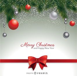 Postal de Natal com bolas vermelhas de laço e Natal Postal de Natal com bolas vermelhas de laço e Natal