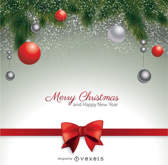 Postal navideña con lazo rojo y bolas navideñas Postal navideña con lazo rojo y bolas navideñas