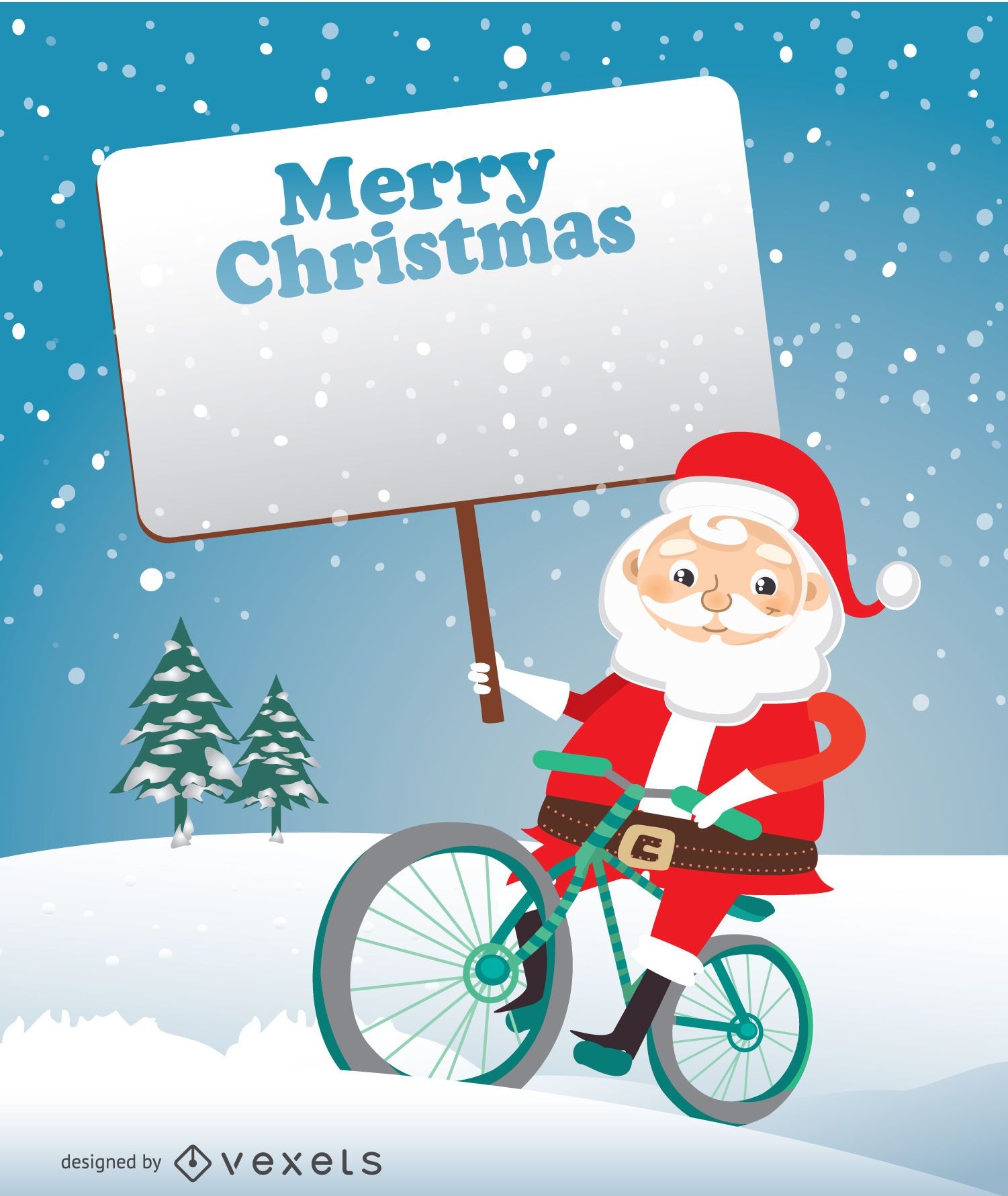 Papá Noel en bicicleta con letrero