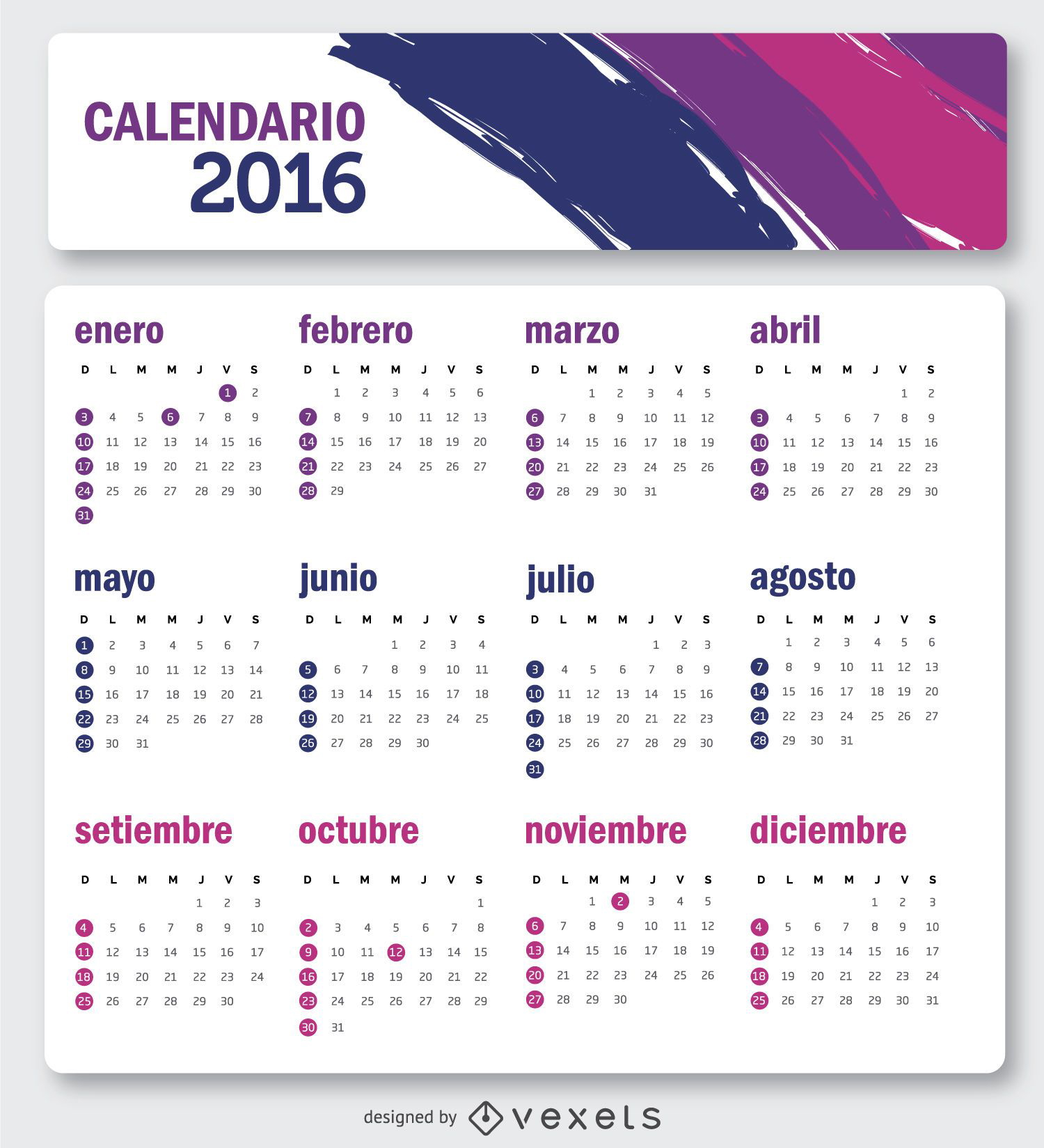 Descarga Vector De Calendario 2016 Simple En Español