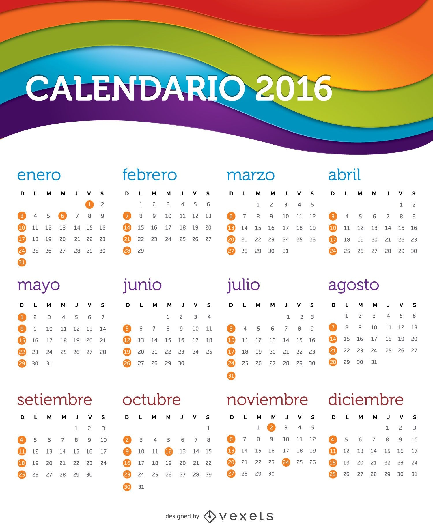 Plantilla de calendario espa?ol colorido 2016