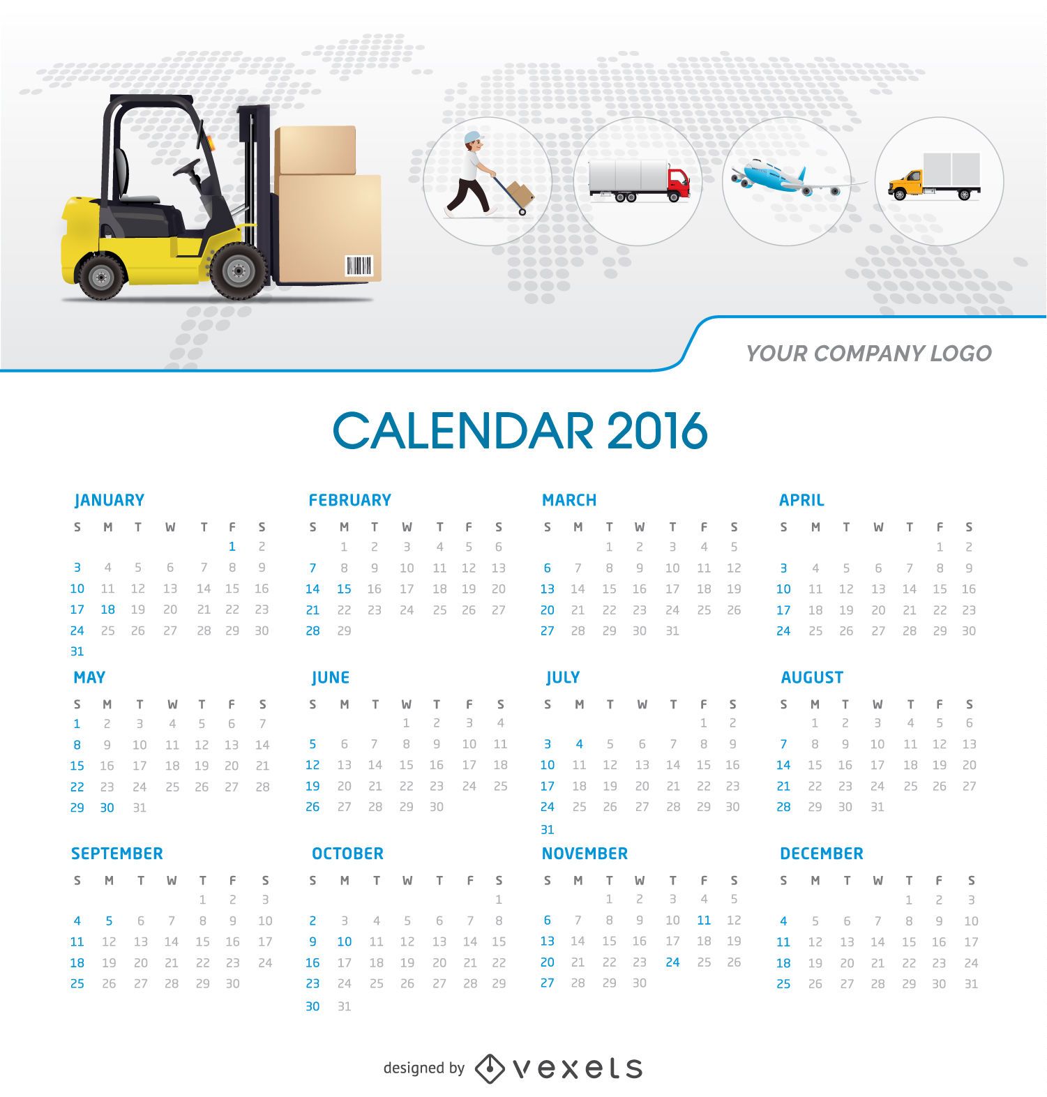 Tempalte do calend?rio de log?stica de 2016