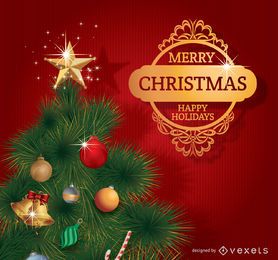 Merry Christmas Tree With Golden Badge Vector Download