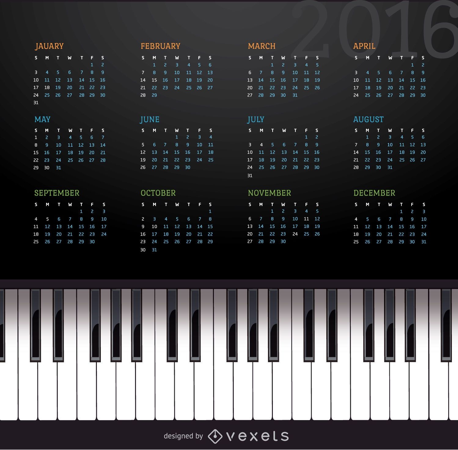 calendário de piano de música 2016
