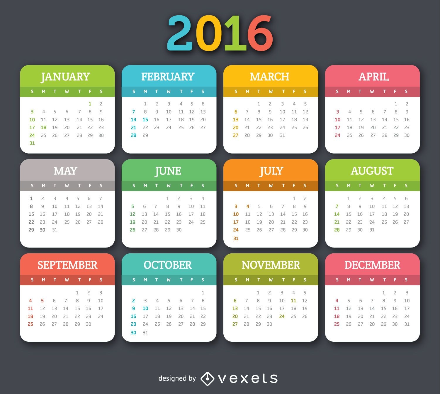 Calendario colorido 2016