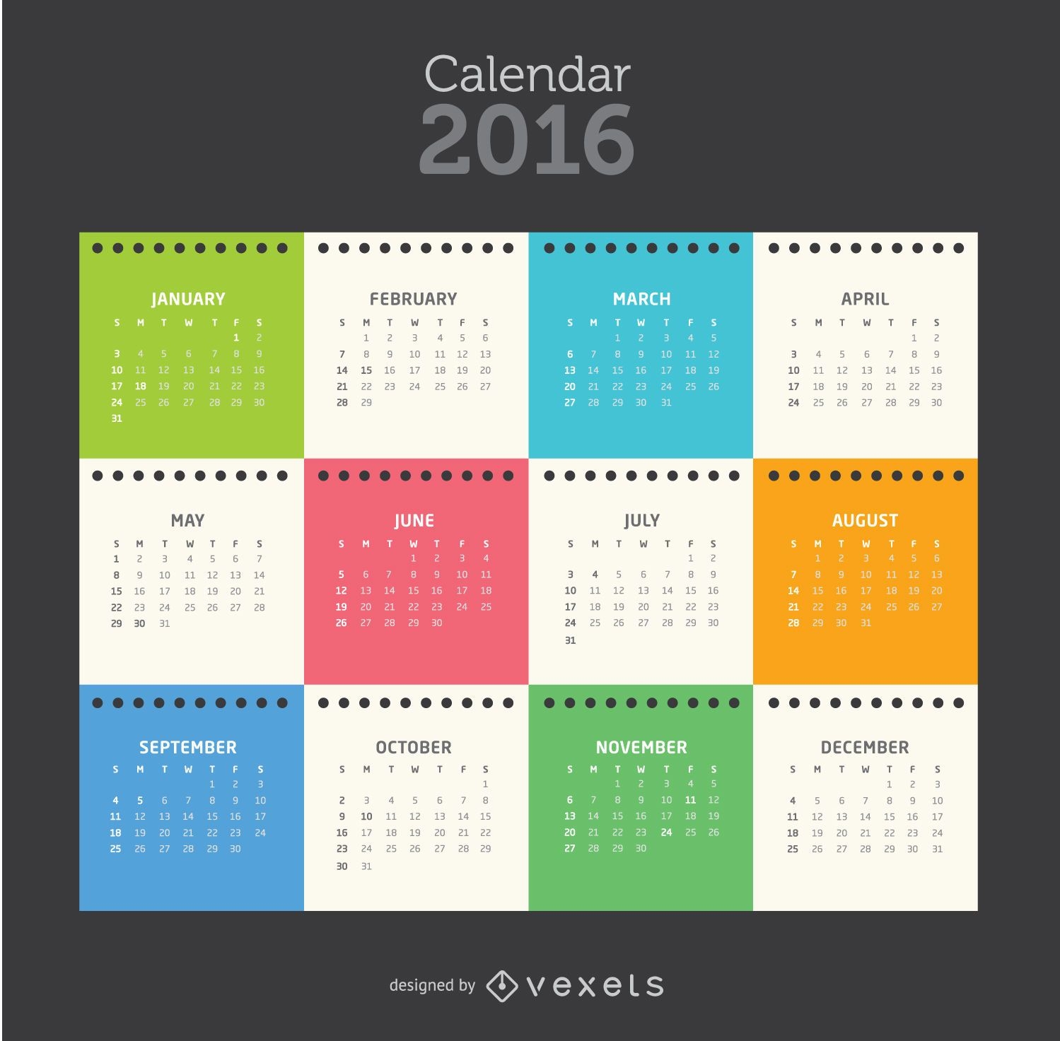 Calendário de folha de bloco de notas colorido 2016 tempalte