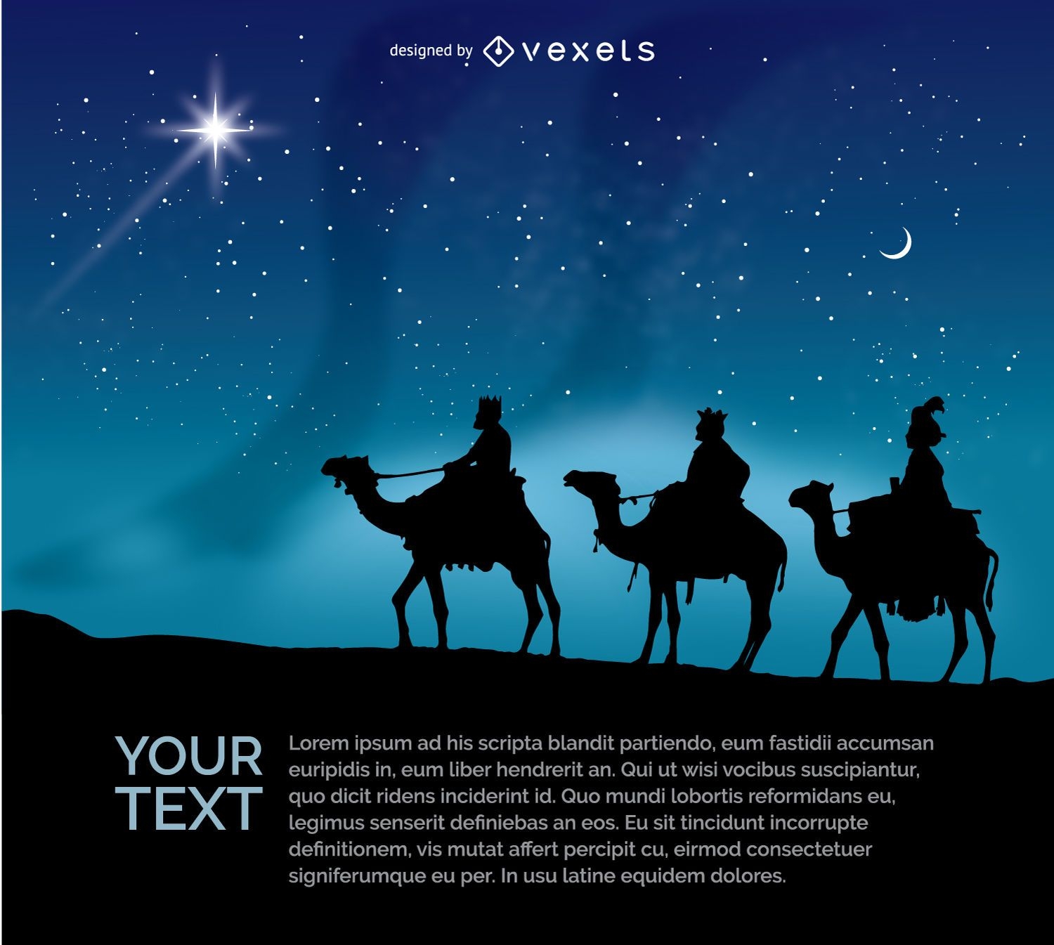 Os três homens sábios montando seus camelos à noite