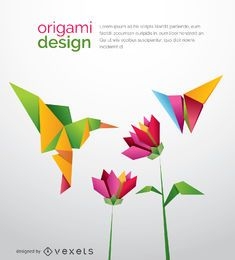 Origami beija-flor com flores e borboletas