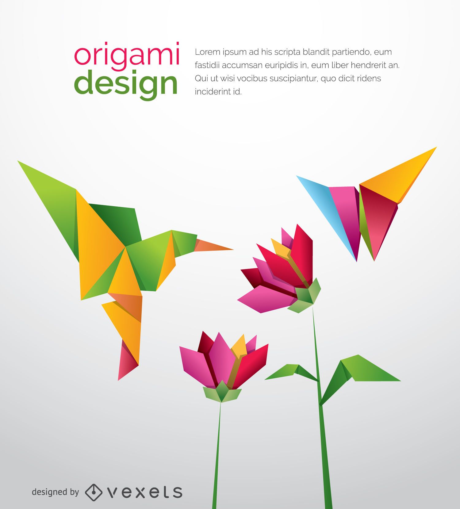 Origami Humming bird with flowers and butterfly 