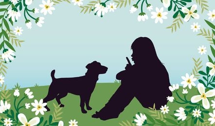 Girl with Dog Grassy Field