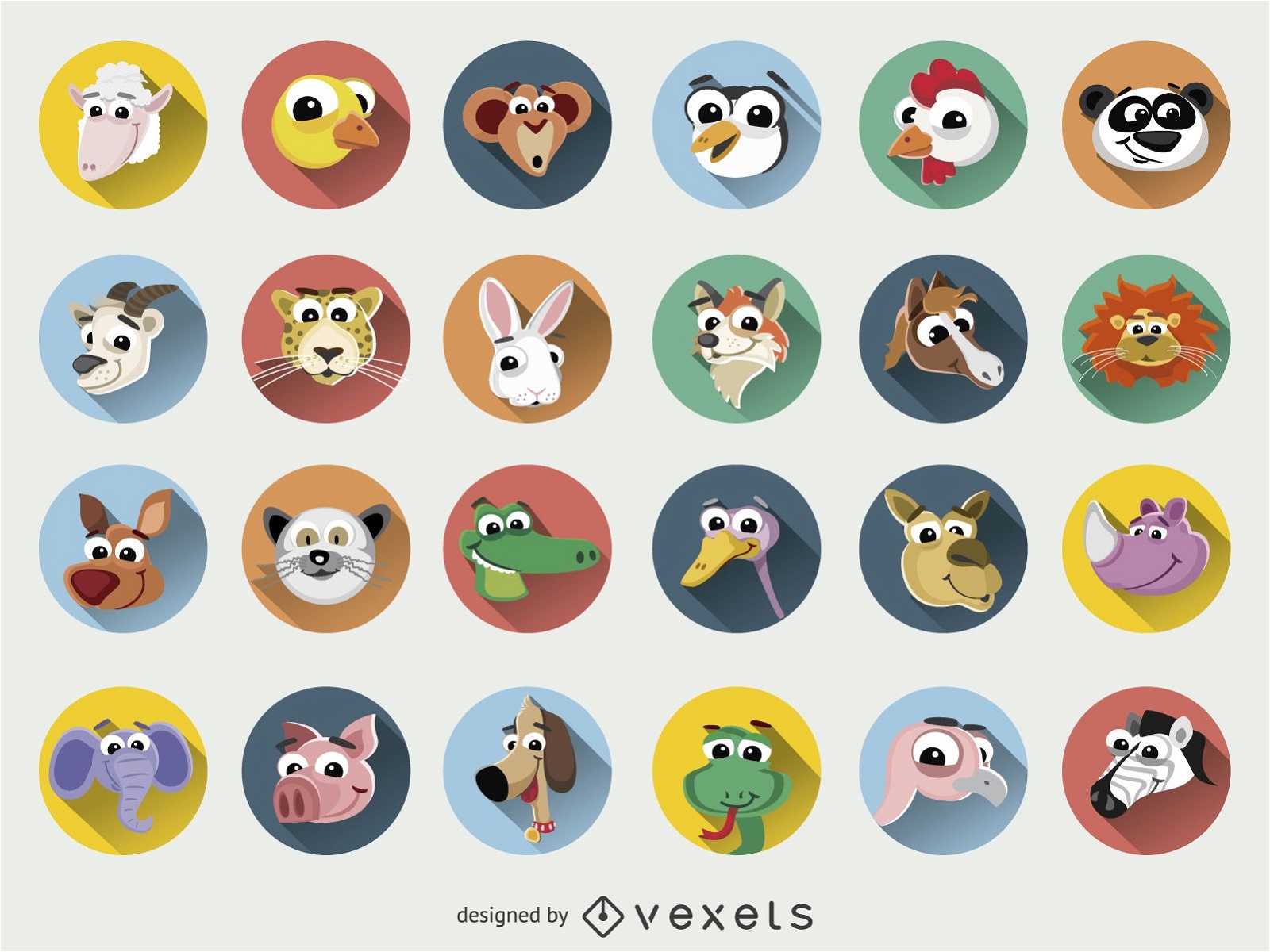 Conjunto de iconos de caras de dibujos animados de animales divertidos